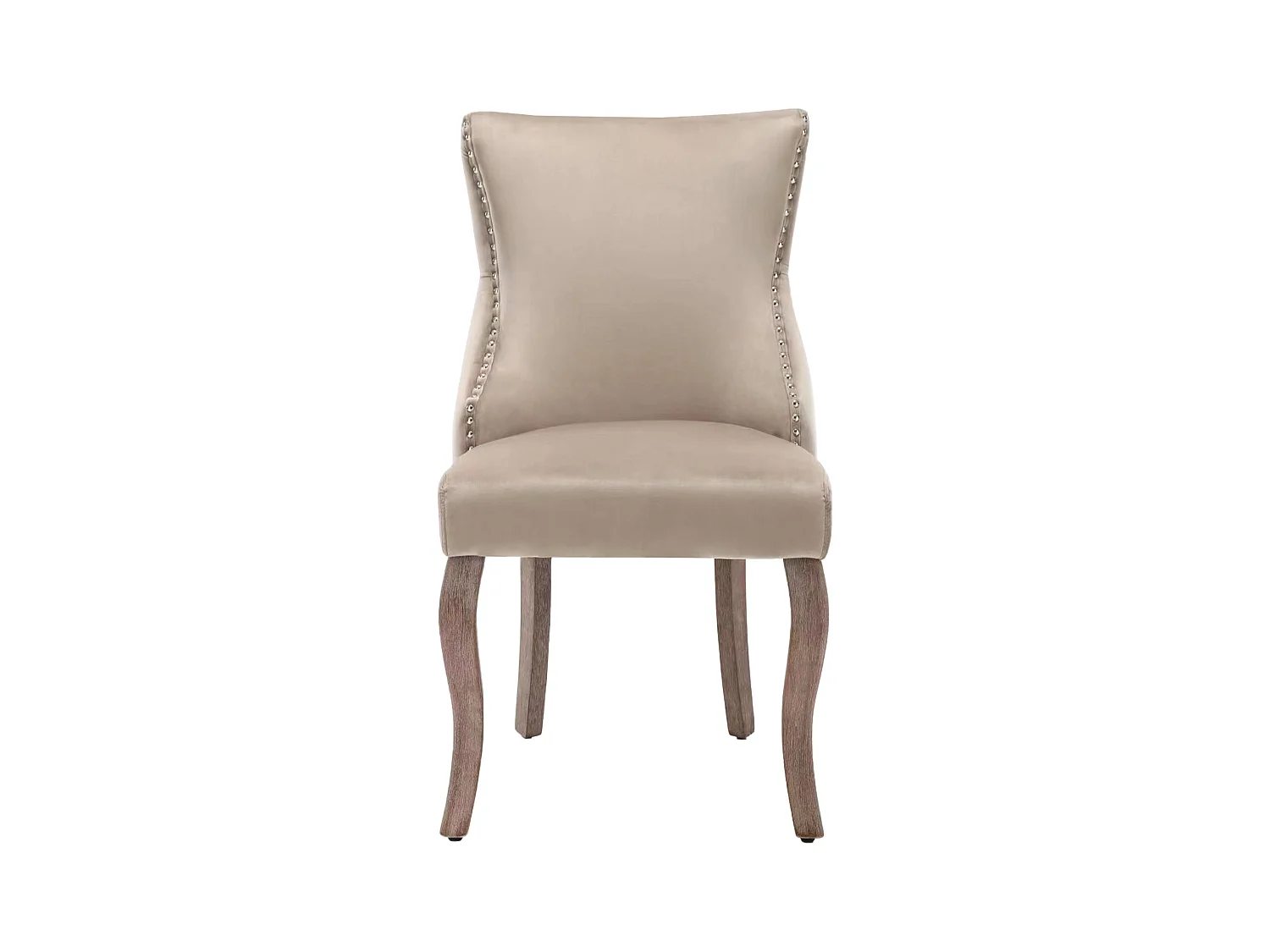 Set van 4 beige fluwelen stoelen met gebogen bruine houten poten, decoratieve knopen en zilveren klinknagels