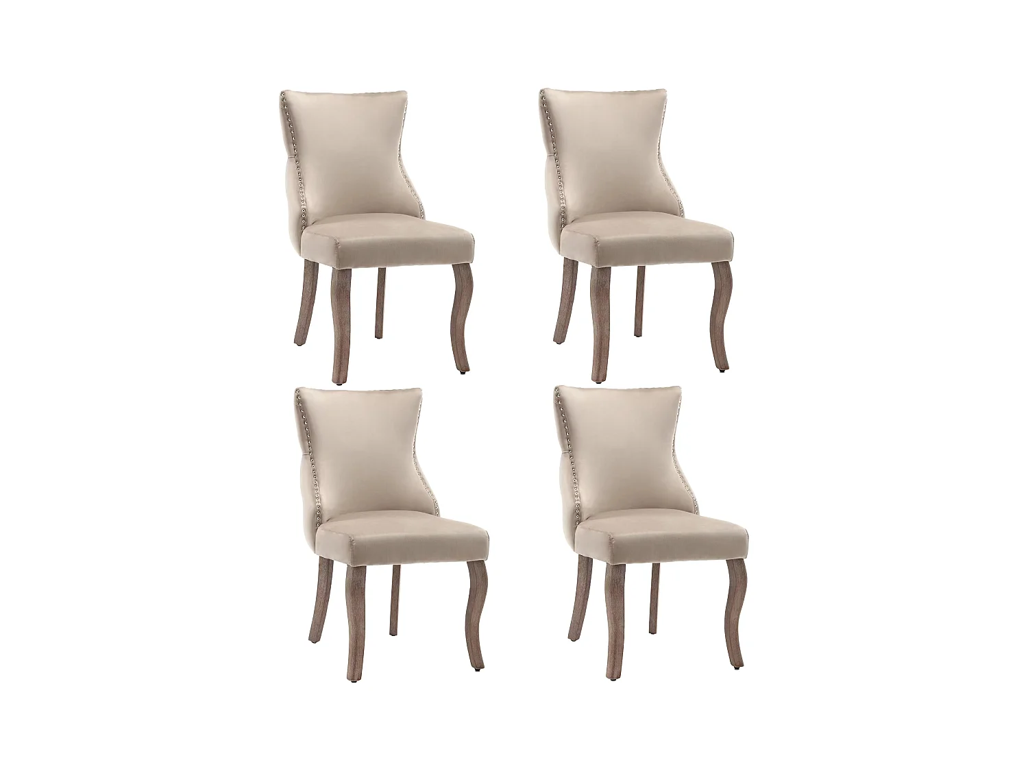 Lot de 4 chaises en velours beige avec pieds en bois marron courbés, bouton décoratifs et rivets argentés