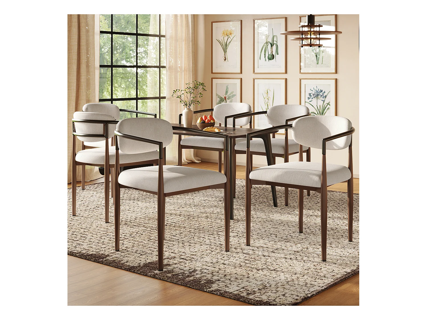 Set van 6 beige linnen stoelen met bruine metalen frames