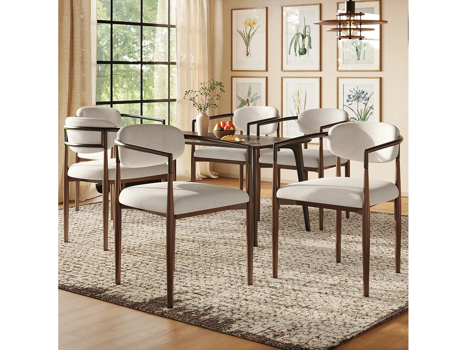 Lot de 6 chaises en lin beige, cadre en métal marron