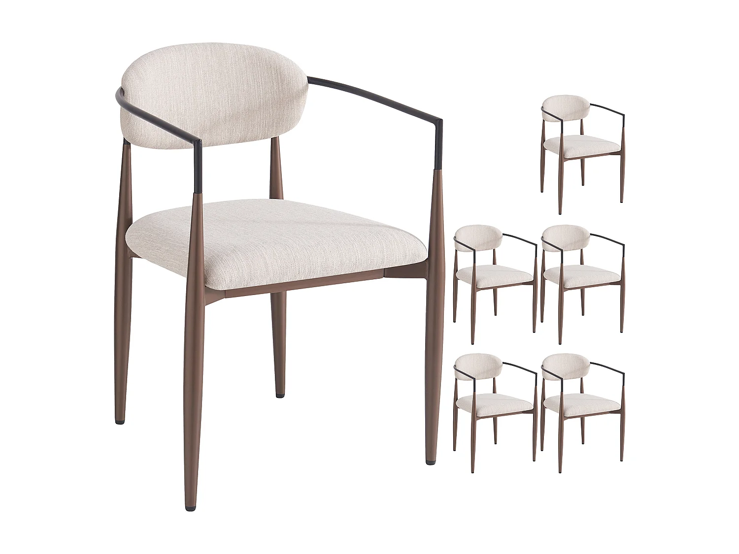 Lot de 6 chaises en lin beige, cadre en métal marron
