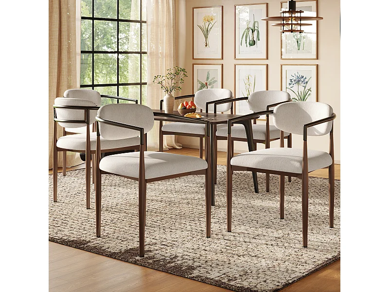 Lot de 6 chaises en lin beige, cadre en métal marron