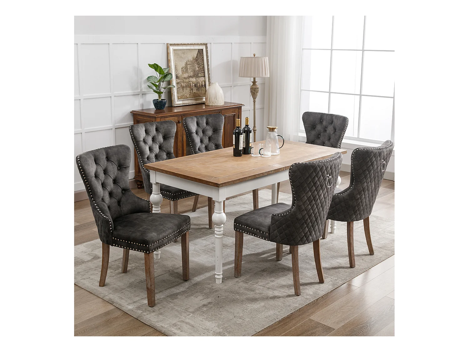 Lot de 6 Chaises de cuisine en velours Gris avec détails cloutés argentés, pieds en bois marron