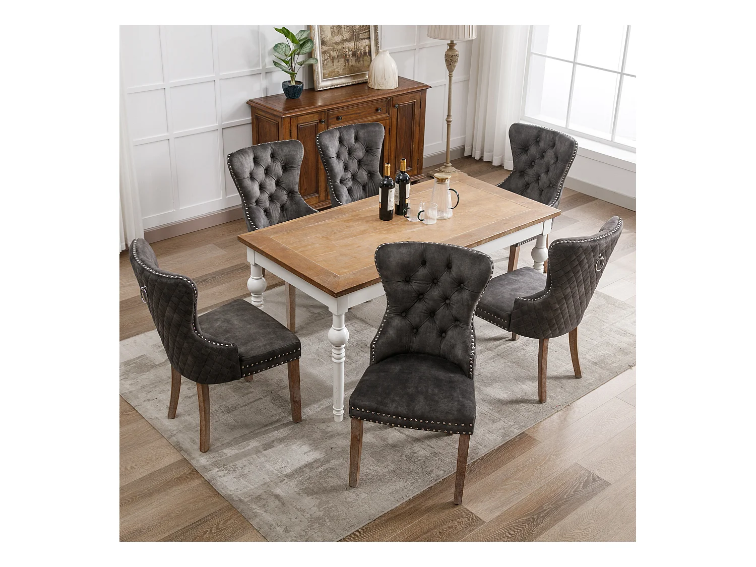 Lot de 6 Chaises de cuisine en velours Gris avec détails cloutés argentés, pieds en bois marron