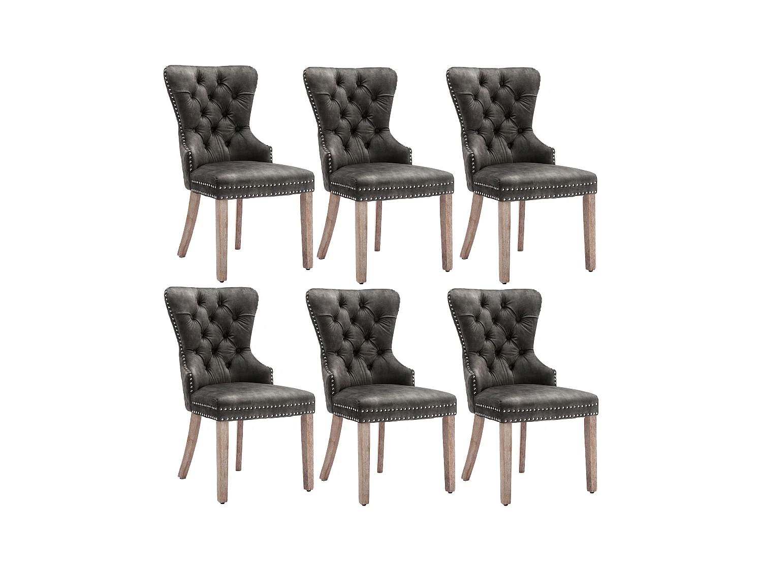 Lot de 6 Chaises de cuisine en velours Gris avec détails cloutés argentés, pieds en bois marron