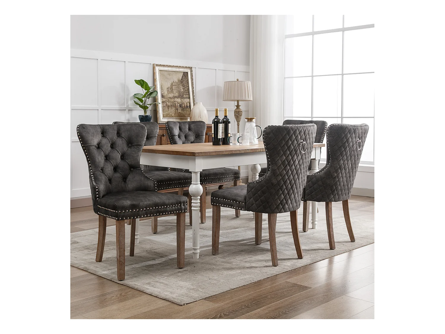 Lot de 6 Chaises de cuisine en velours Gris avec détails cloutés argentés, pieds en bois marron