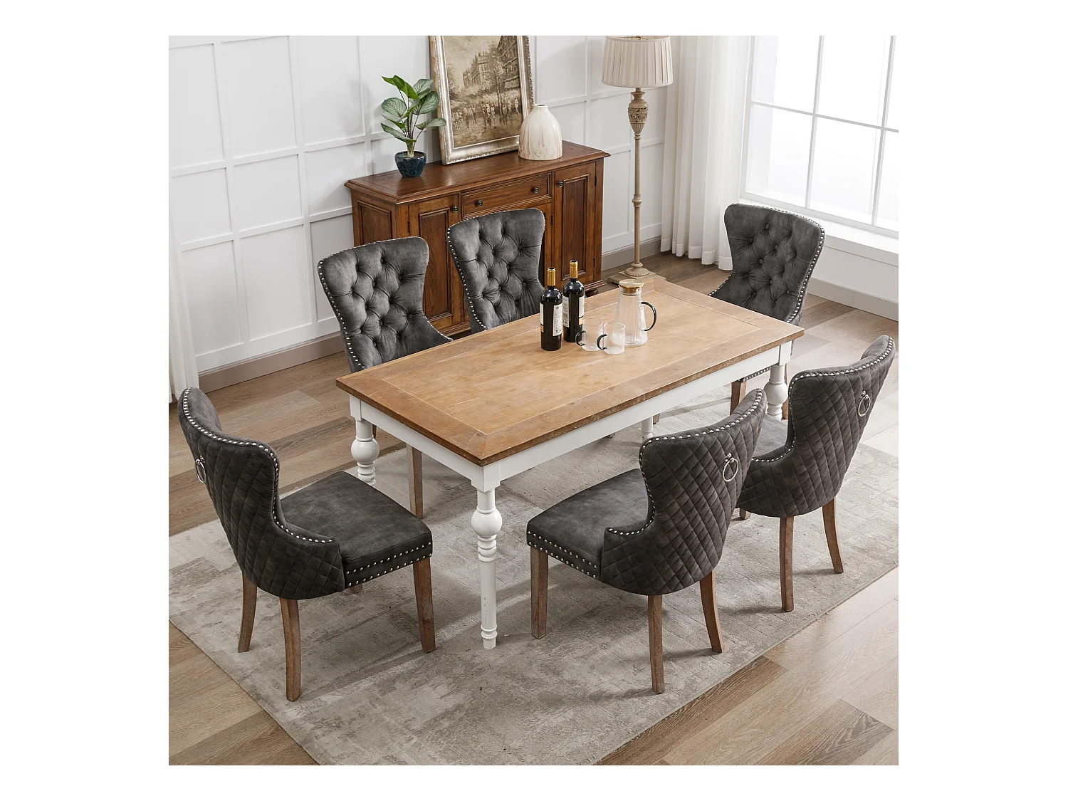 Lot de 6 Chaises de cuisine en velours Gris avec détails cloutés argentés, pieds en bois marron