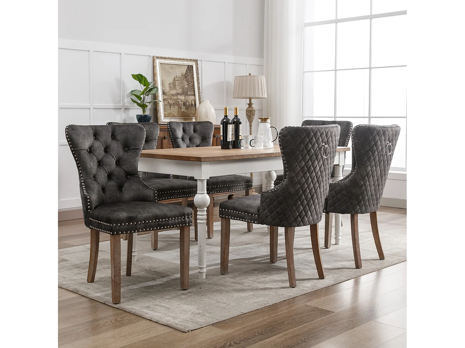 Lot de 6 Chaises de cuisine en velours Gris avec détails cloutés argentés, pieds en bois marron