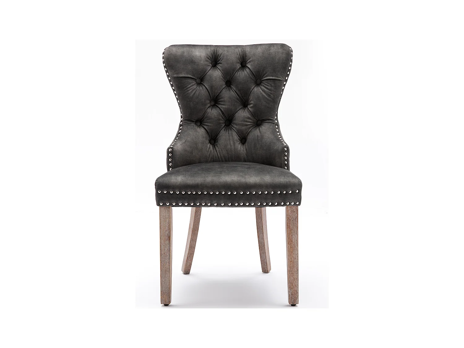 Set van 4 grijze fluwelen keukenstoelen met zilveren studs en bruine houten poten