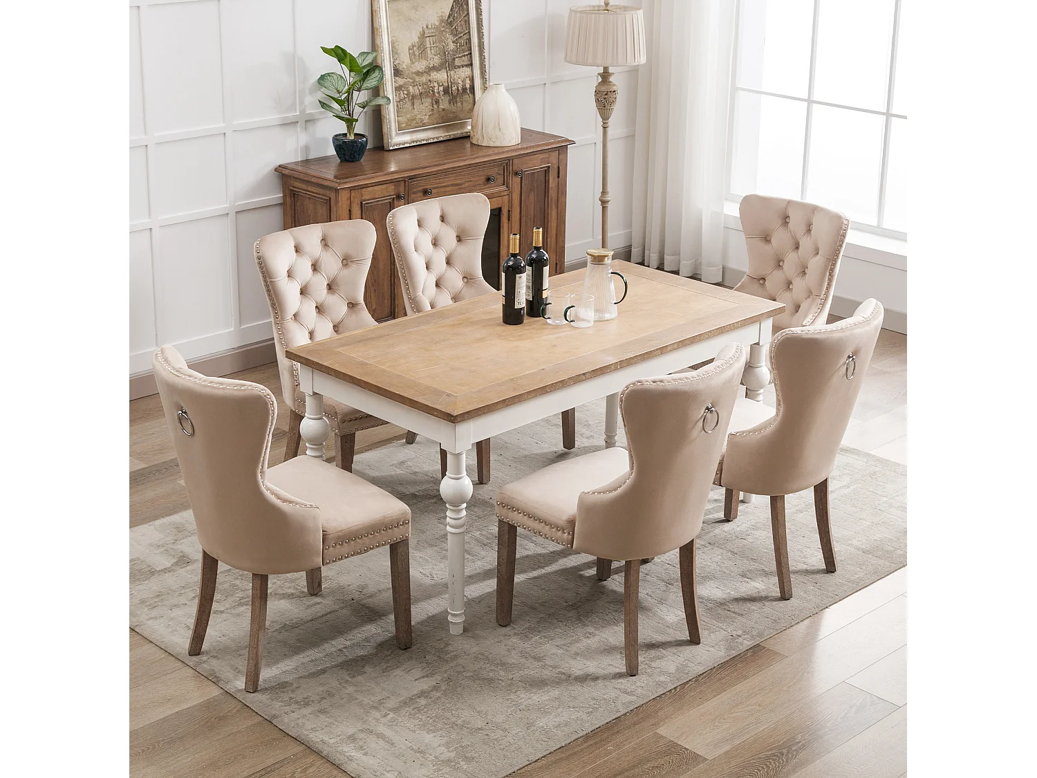 Lot de 6 Chaises de cuisine en velours Beige avec détails cloutés argentés, pieds en bois marron