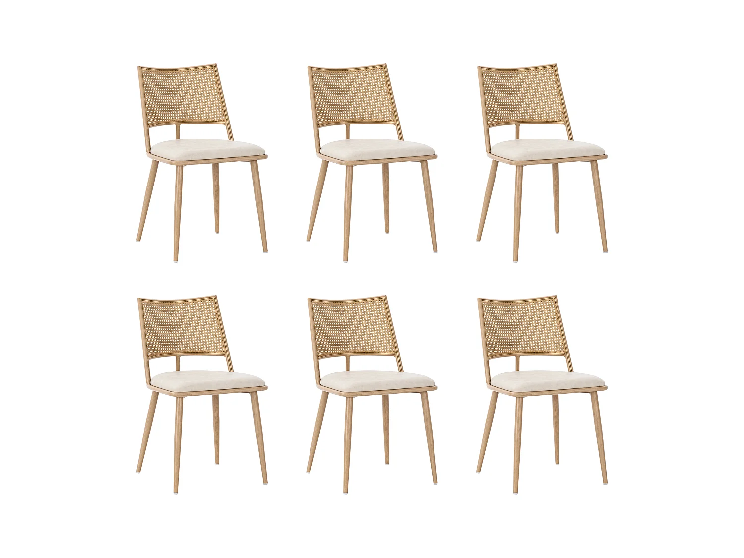 Lot de 6 chaises en rotin et Assise rembourrée en PU, beige