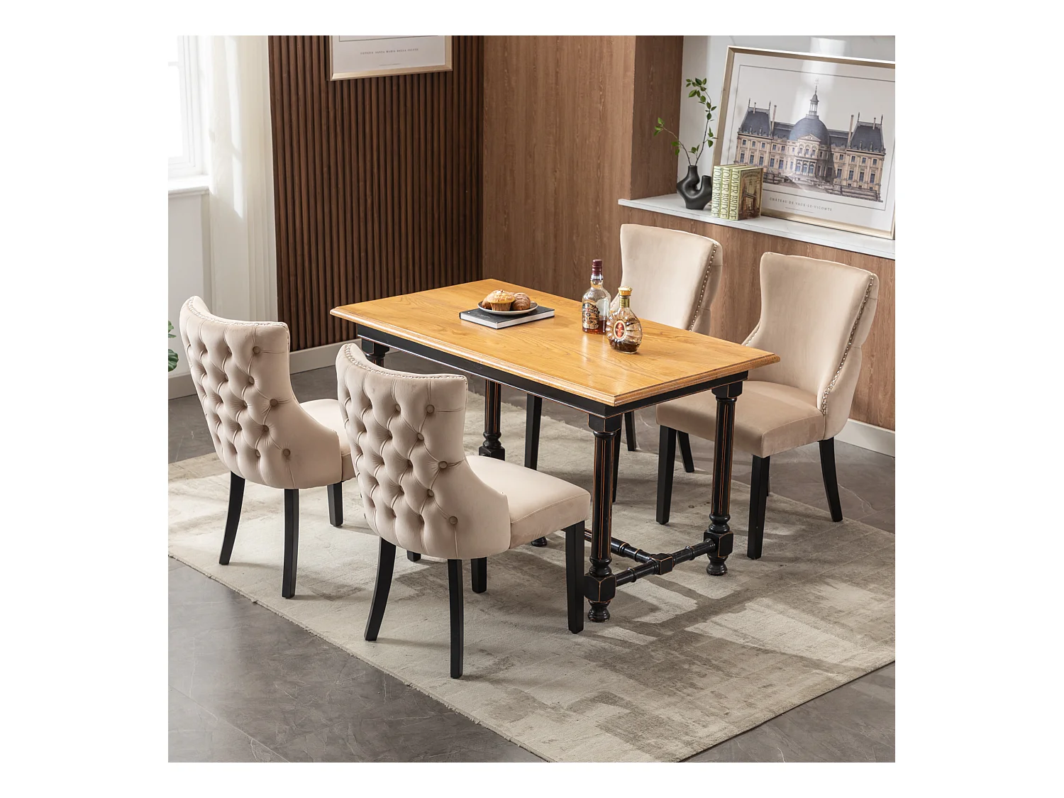 Lot de 4 chaises en velours beige avec pieds en bois noir, boutons décoratifs et rivets argentés