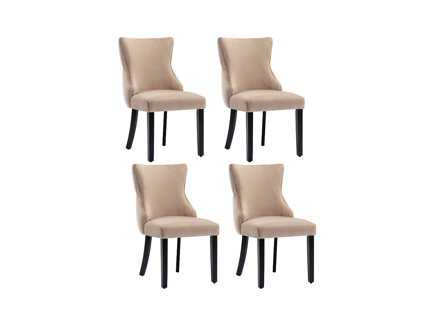 Lot de 4 chaises en velours beige avec pieds en bois noir, boutons décoratifs et rivets argentés