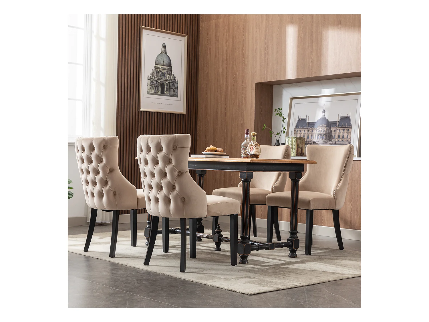Lot de 4 chaises en velours beige avec pieds en bois noir, boutons décoratifs et rivets argentés