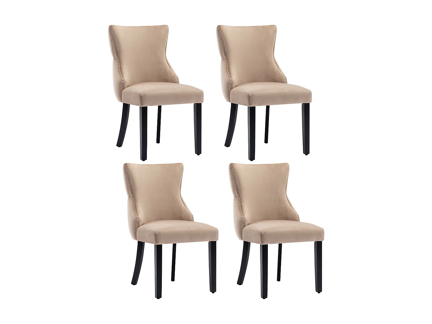 Set di 4 sedie in velluto beige con gambe in legno nero, bottoni decorativi e rivetti argentati
