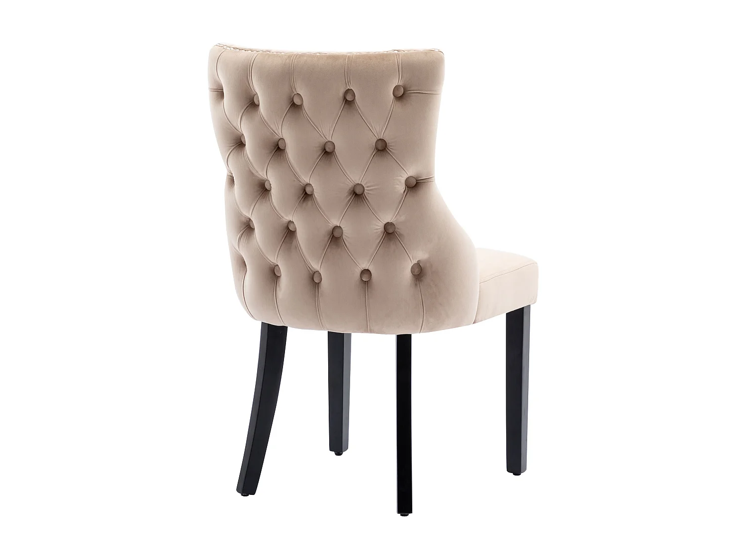 Set di 4 sedie in velluto beige con gambe in legno nero, bottoni decorativi e rivetti argentati