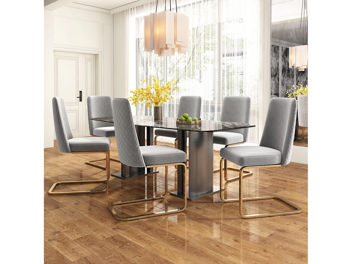 Chaise en velours gris avec pieds dorés, dossier capitonné diamant, pour salon ou salle à manger lot de 6