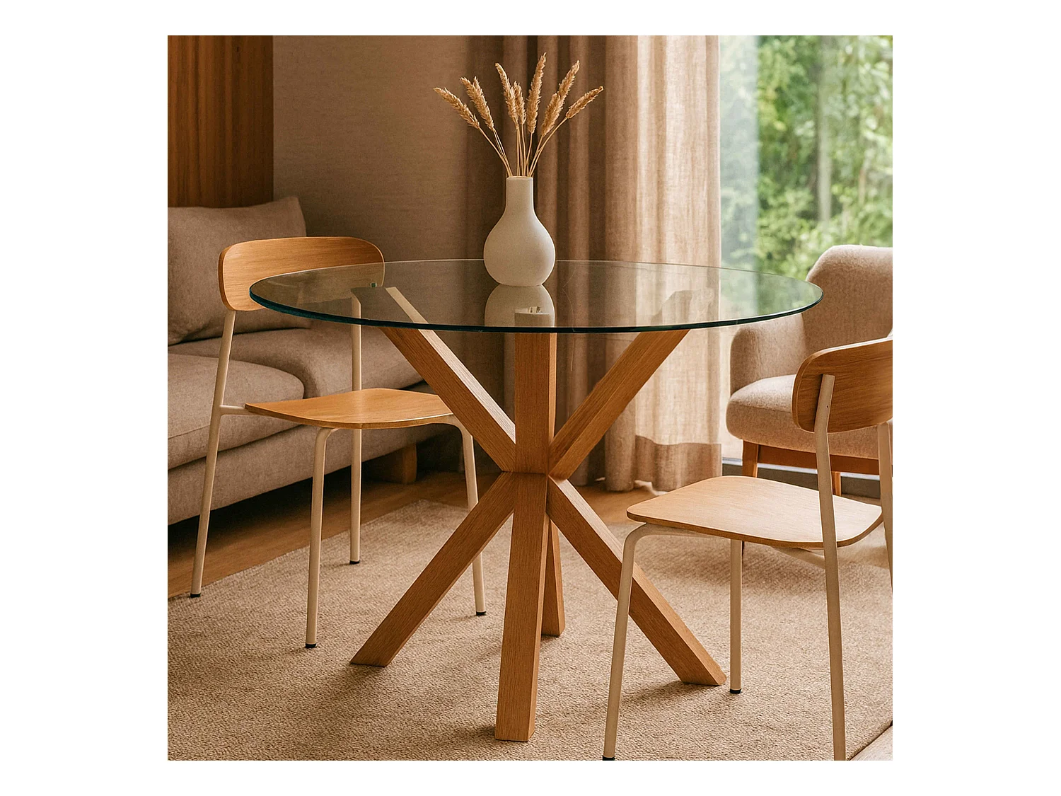 Table à manger ronde en chêne et en verre 6 personnes