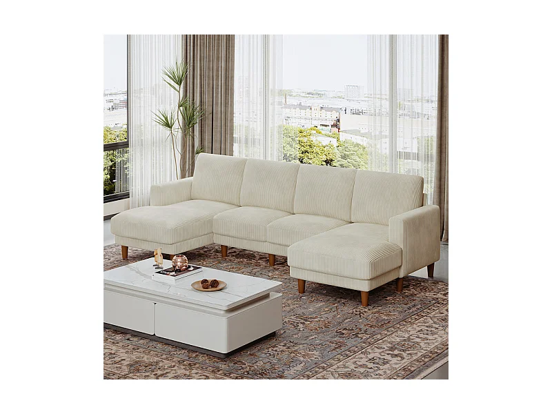 Grand canapé d'angle panoramique - 4 places - méridienne 109cm - en velours côtelé - 269x140x86 - Beige