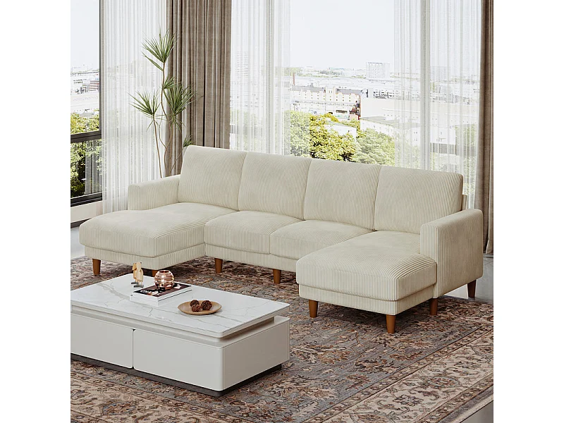 Grand canapé d'angle panoramique - 4 places - méridienne 109cm - en velours côtelé - 269x140x86 - Beige