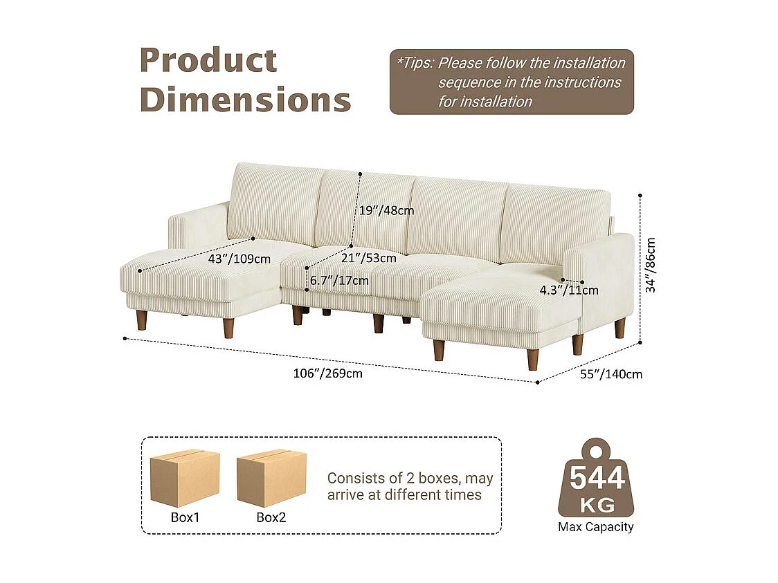 Grand canapé d'angle panoramique - 4 places - méridienne 109cm - en velours côtelé - 269x140x86 - Beige