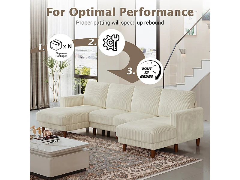 Grand canapé d'angle panoramique - 4 places - méridienne 109cm - en velours côtelé - 269x140x86 - Beige