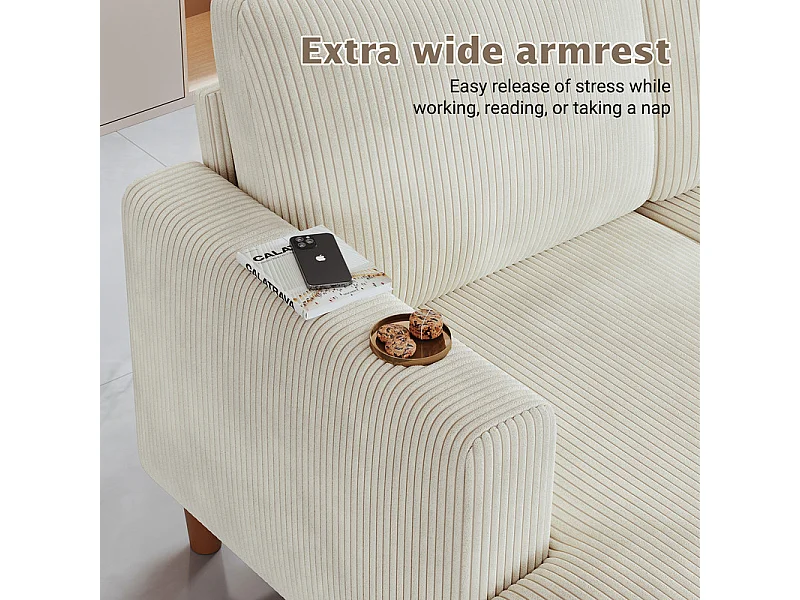 Grand canapé d'angle panoramique - 4 places - méridienne 109cm - en velours côtelé - 269x140x86 - Beige