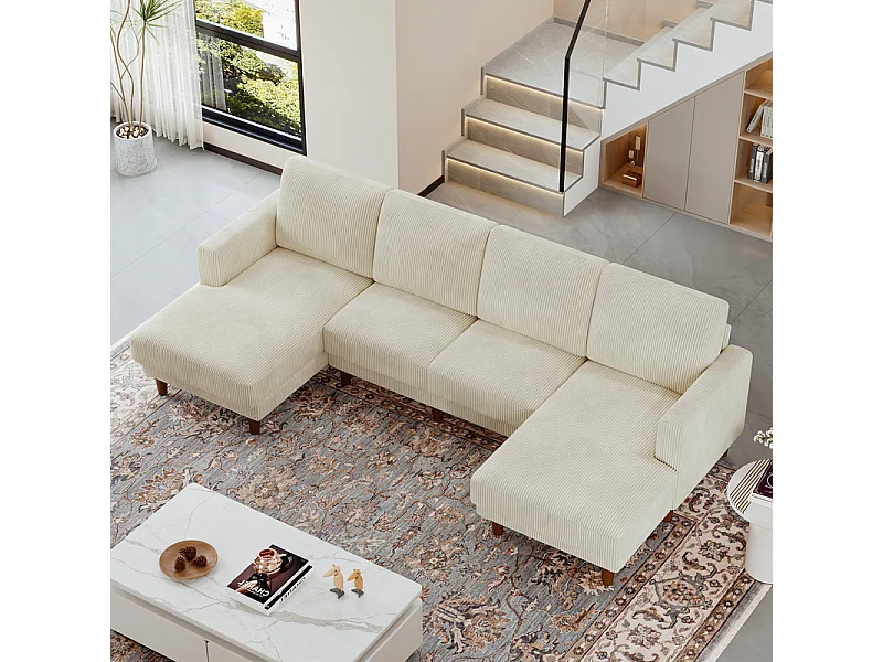 Grand canapé d'angle panoramique - 4 places - méridienne 109cm - en velours côtelé - 269x140x86 - Beige