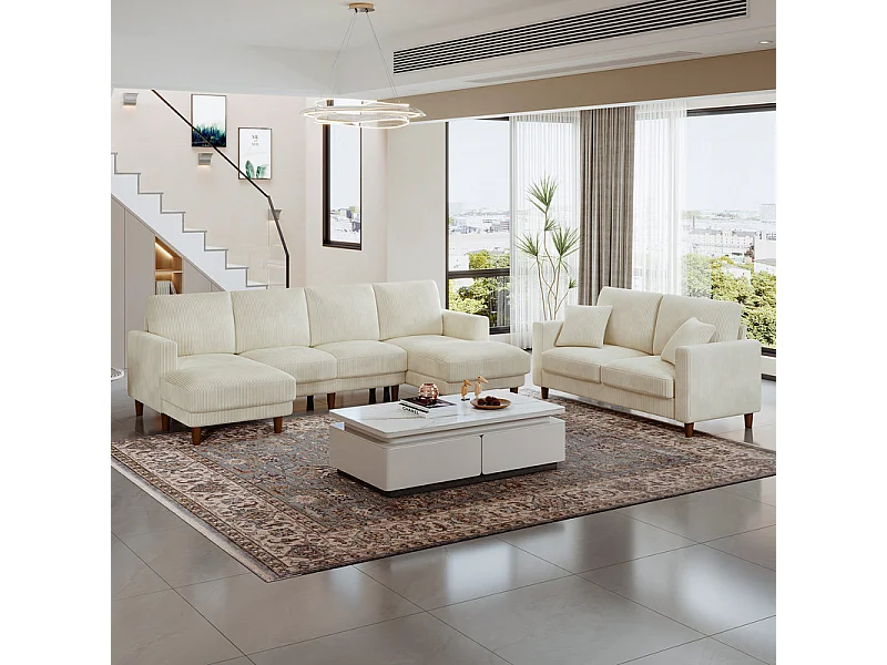 Grand canapé d'angle panoramique - 4 places - méridienne 109cm - en velours côtelé - 269x140x86 - Beige