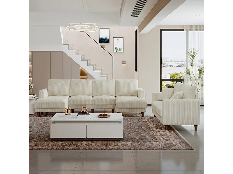 Grand canapé d'angle panoramique - 4 places - méridienne 109cm - en velours côtelé - 269x140x86 - Beige