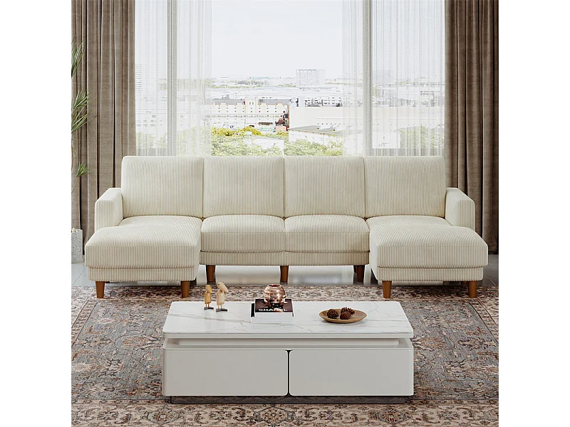 Gran sofá de esquina panorámico - 4 plazas - chaise longue 109cm - de pana - 269x140x86 - Beige