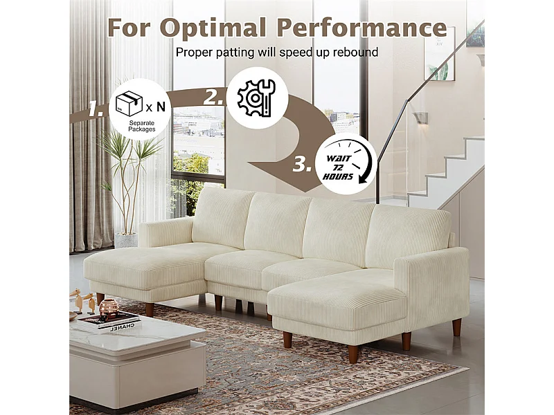 Gran sofá de esquina panorámico - 4 plazas - chaise longue 109cm - de pana - 269x140x86 - Beige