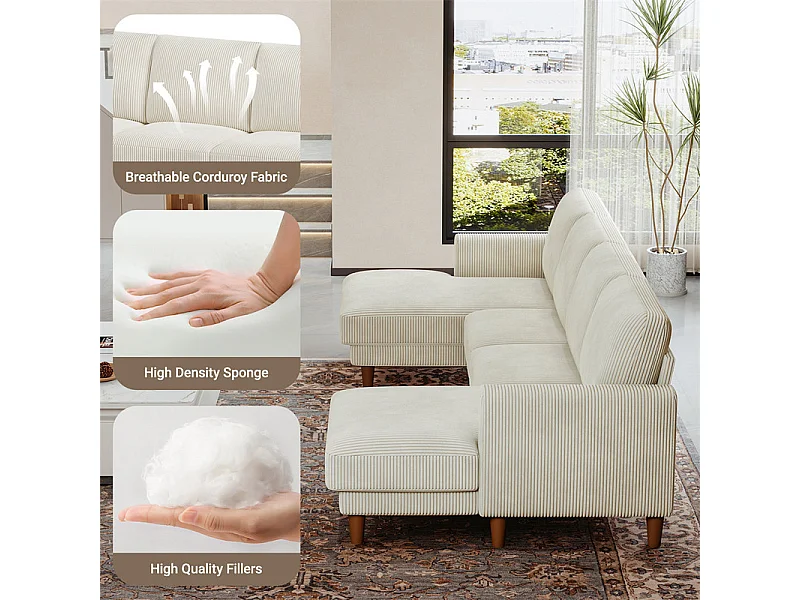 Gran sofá de esquina panorámico - 4 plazas - chaise longue 109cm - de pana - 269x140x86 - Beige