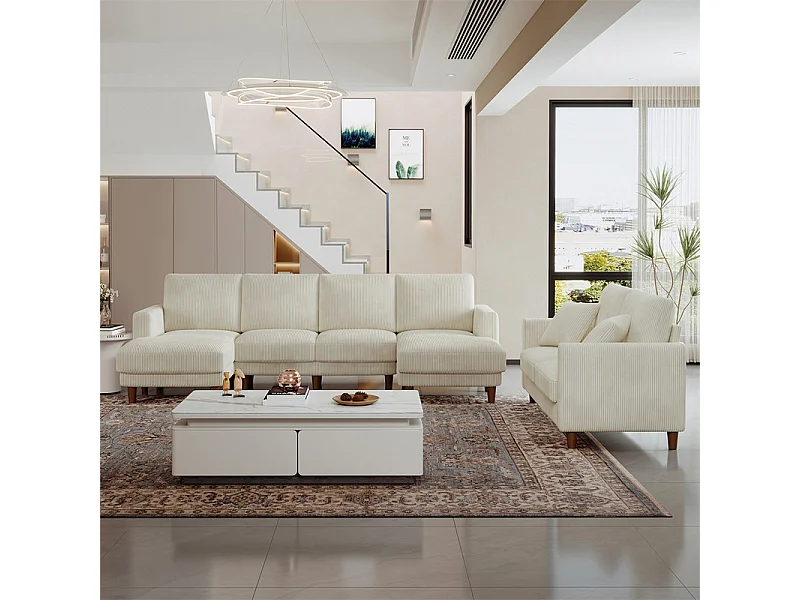 Gran sofá de esquina panorámico - 4 plazas - chaise longue 109cm - de pana - 269x140x86 - Beige