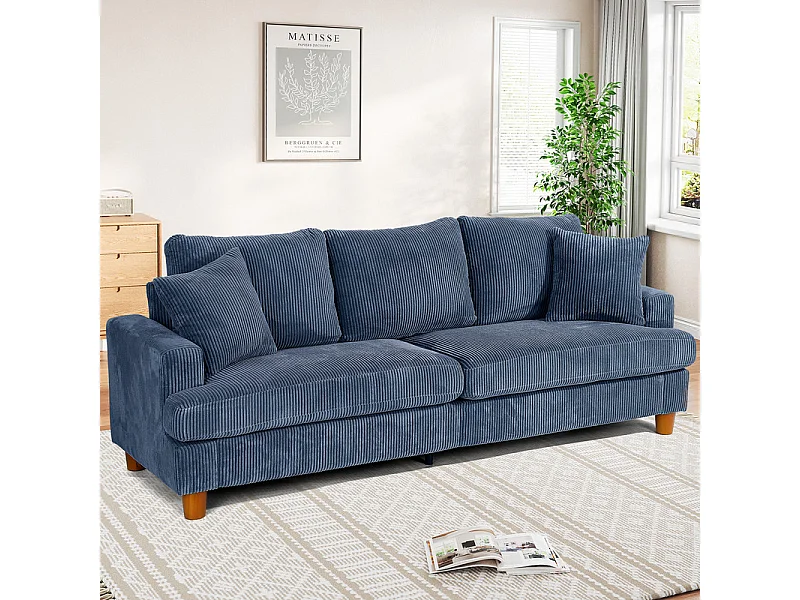 Canapé 3 Places en Velours Côtelé, avec 2 Oreiller, sièges extra profonds de 53cm, 220x76x84cm, Bleu