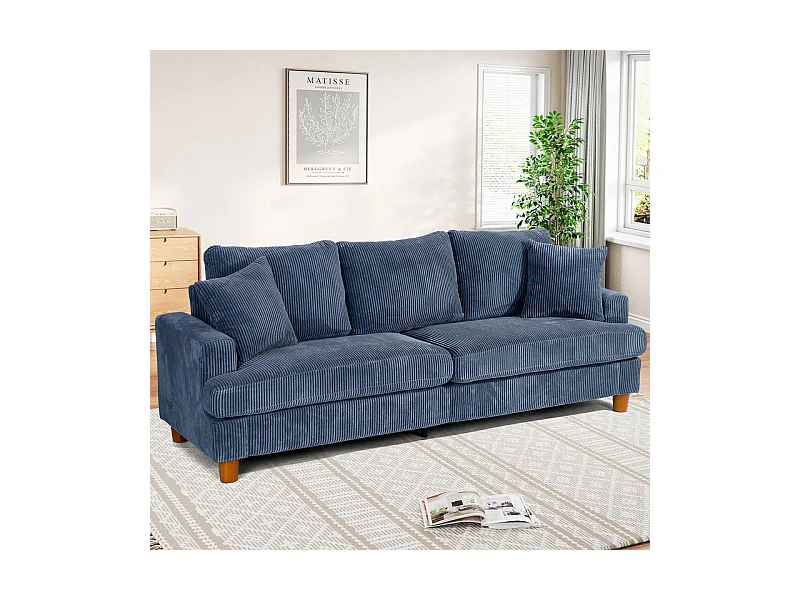 Canapé 3 Places en Velours Côtelé, avec 2 Oreiller, sièges extra profonds de 53cm, 220x76x84cm, Bleu