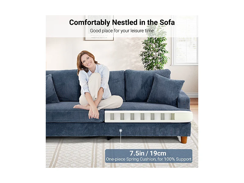 Canapé 3 Places en Velours Côtelé, avec 2 Oreiller, sièges extra profonds de 53cm, 220x76x84cm, Bleu