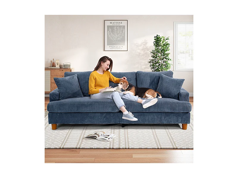 Canapé 3 Places en Velours Côtelé, avec 2 Oreiller, sièges extra profonds de 53cm, 220x76x84cm, Bleu