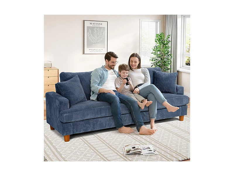 Canapé 3 Places en Velours Côtelé, avec 2 Oreiller, sièges extra profonds de 53cm, 220x76x84cm, Bleu