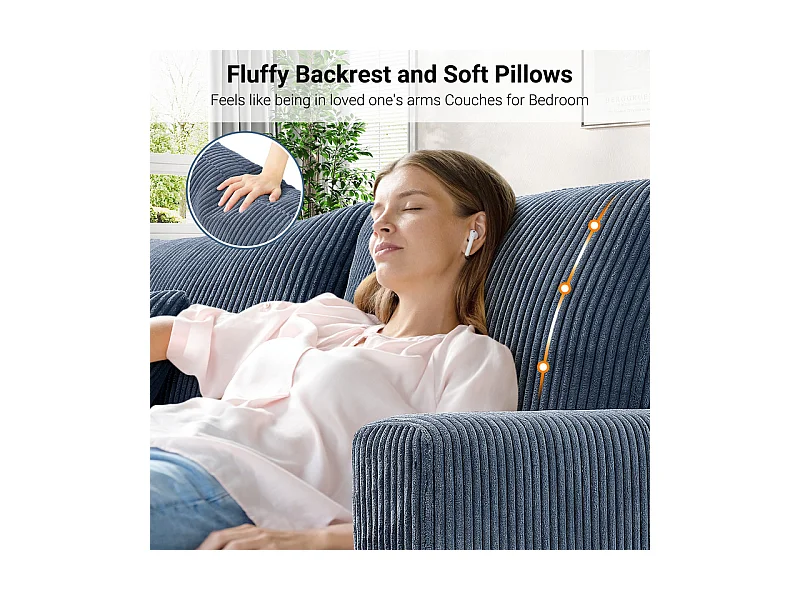 Canapé 3 Places en Velours Côtelé, avec 2 Oreiller, sièges extra profonds de 53cm, 220x76x84cm, Bleu