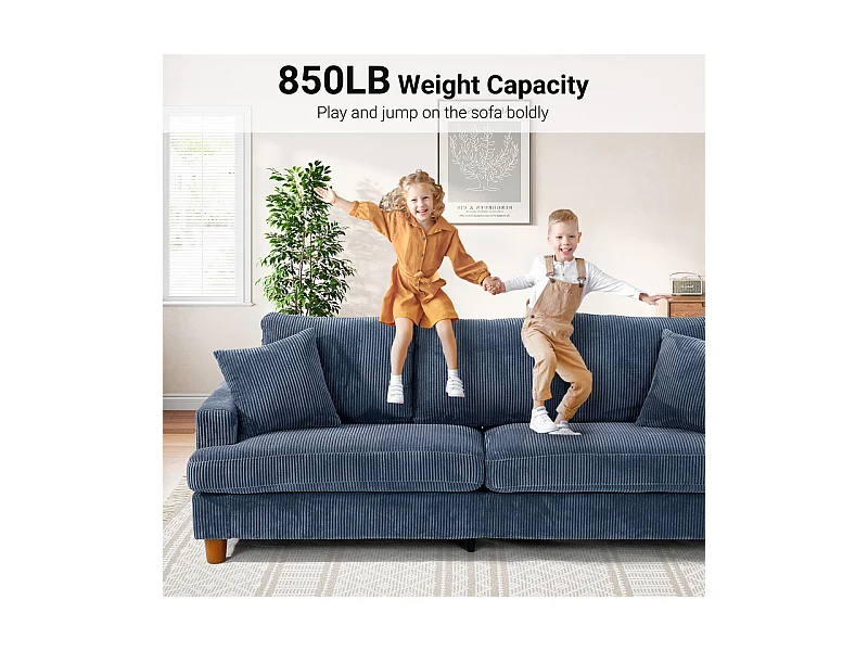 Canapé 3 Places en Velours Côtelé, avec 2 Oreiller, sièges extra profonds de 53cm, 220x76x84cm, Bleu