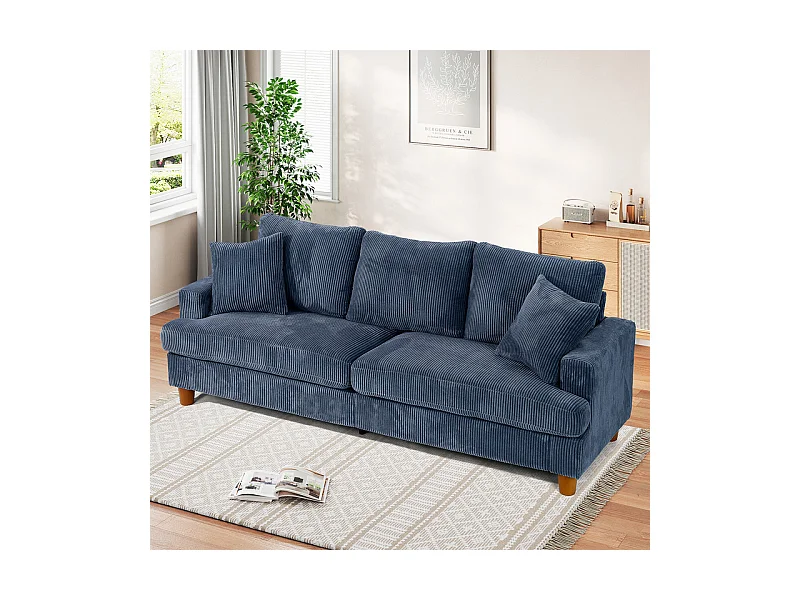 Canapé 3 Places en Velours Côtelé, avec 2 Oreiller, sièges extra profonds de 53cm, 220x76x84cm, Bleu