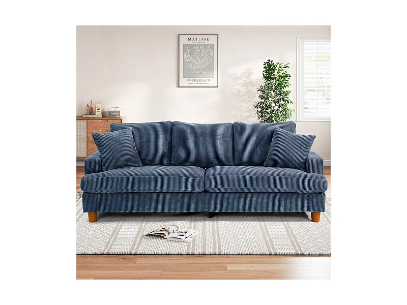 Canapé 3 Places en Velours Côtelé, avec 2 Oreiller, sièges extra profonds de 53cm, 220x76x84cm, Bleu