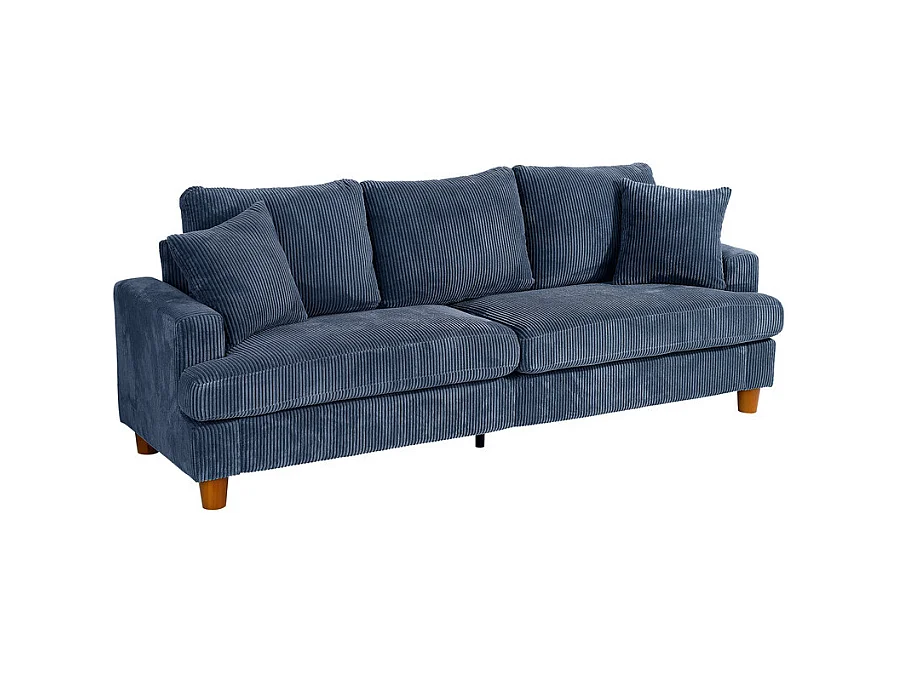 Canapé 3 Places en Velours Côtelé, avec 2 Oreiller, sièges extra profonds de 53cm, 220x76x84cm, Bleu