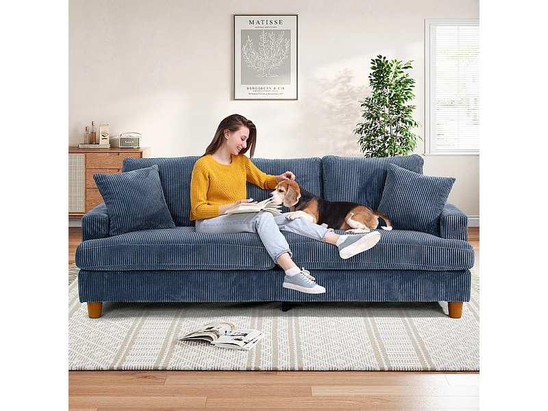 Canapé 3 Places en Velours Côtelé, avec 2 Oreiller, sièges extra profonds de 53cm, 220x76x84cm, Bleu