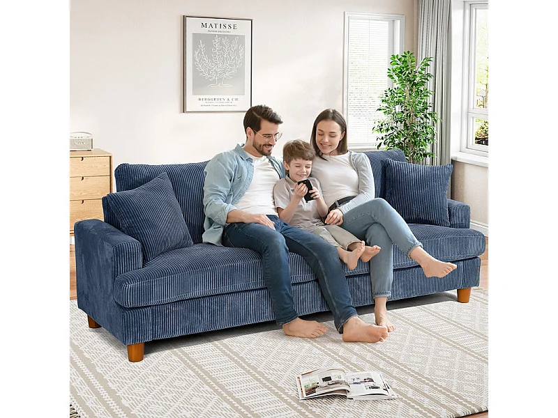 Canapé 3 Places en Velours Côtelé, avec 2 Oreiller, sièges extra profonds de 53cm, 220x76x84cm, Bleu