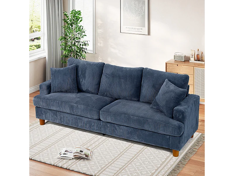 Canapé 3 Places en Velours Côtelé, avec 2 Oreiller, sièges extra profonds de 53cm, 220x76x84cm, Bleu