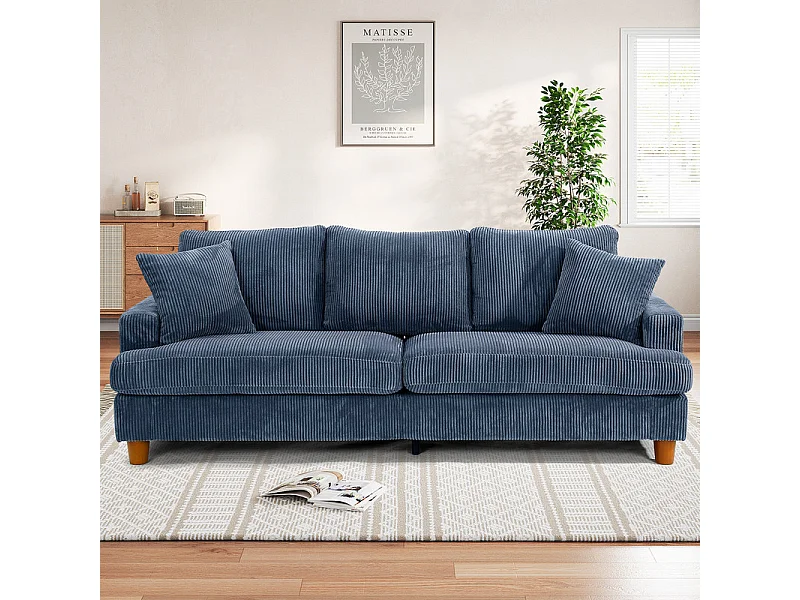 Canapé 3 Places en Velours Côtelé, avec 2 Oreiller, sièges extra profonds de 53cm, 220x76x84cm, Bleu
