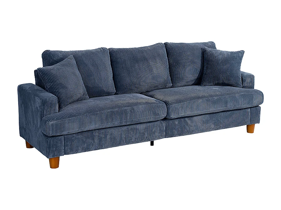Canapé 3 Places en Velours Côtelé, avec 2 Oreiller, sièges extra profonds de 53cm, 220x76x84cm, Bleu