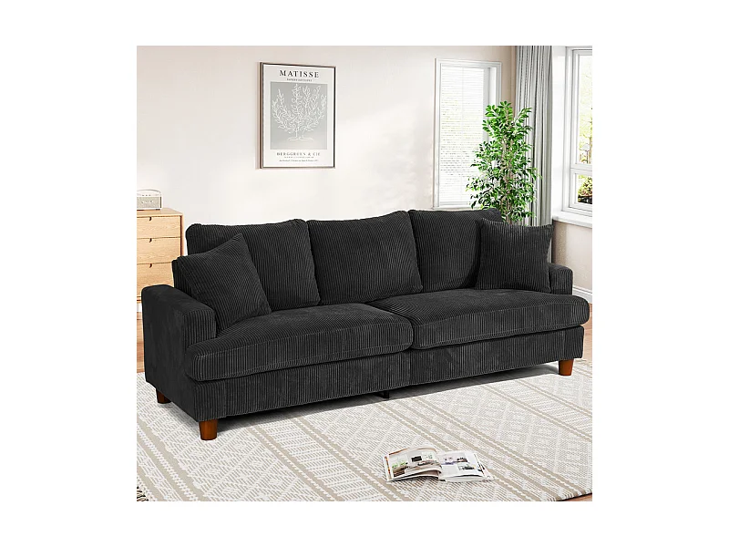 Canapé 3 Places en Velours Côtelé, avec 2 Oreiller, sièges extra profonds de 53cm, 220x76x84cm, Noir